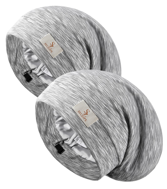 2PCS Silk Satin Bonnet Hair Wrap for Sleeping, Adjustable Strap Curly Natural Hair Night Caps for Women Men(Gray&Gray)