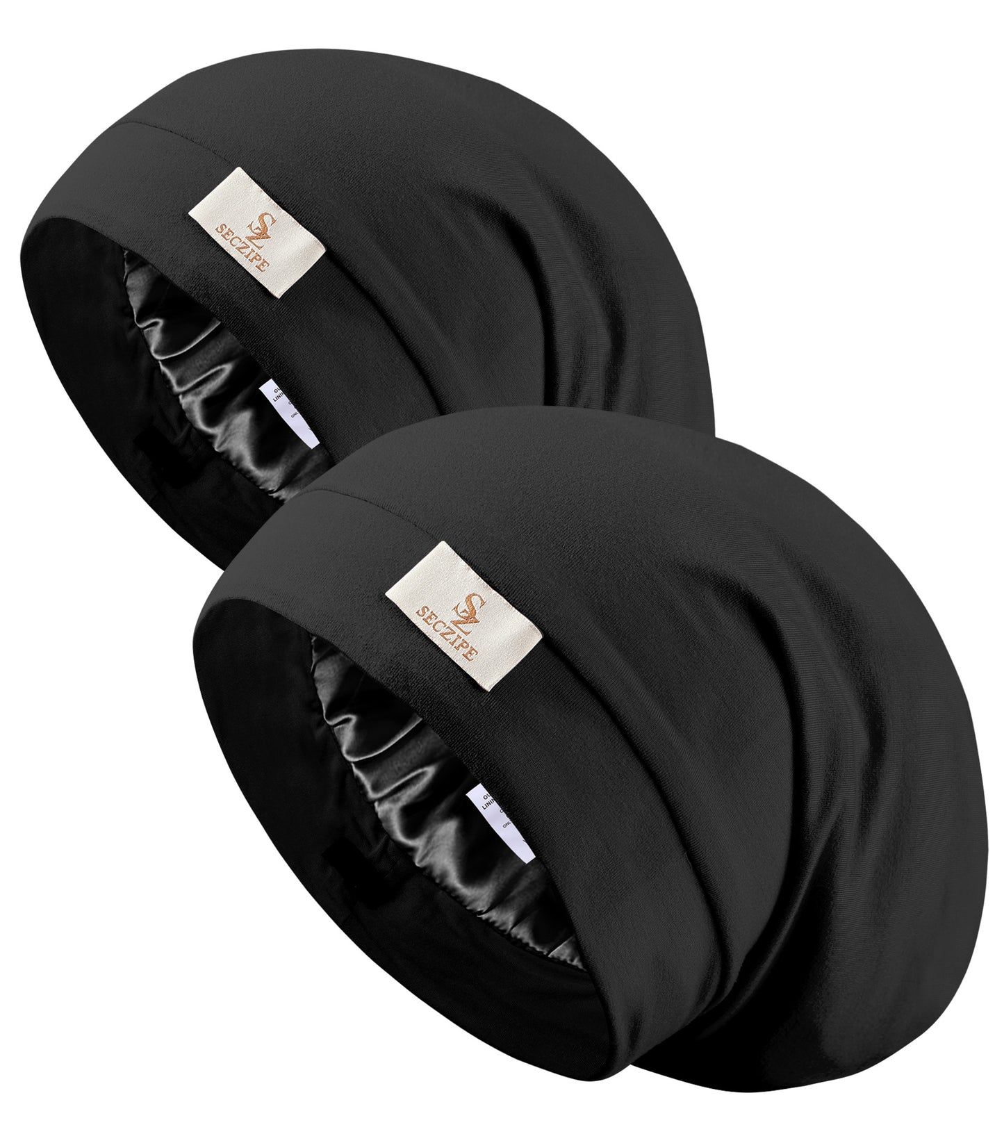 2pcs Silk Satin Bonnet Hair Wrap for Sleeping, Adjustable Strap Curly Natural Hair Night Caps for Women Men(Black&Black)