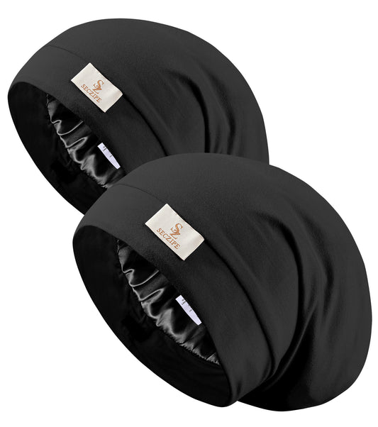 2pcs Silk Satin Bonnet Hair Wrap for Sleeping, Adjustable Strap Curly Natural Hair Night Caps for Women Men(Black&Black)